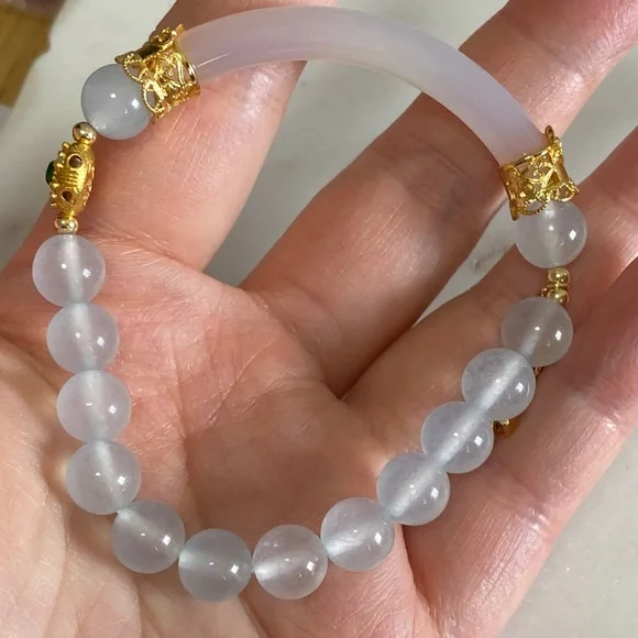 Natural White Agate & Aquamarine Half Bangle Bracelet - Handcrafted Artisan - Picture 5 of 8